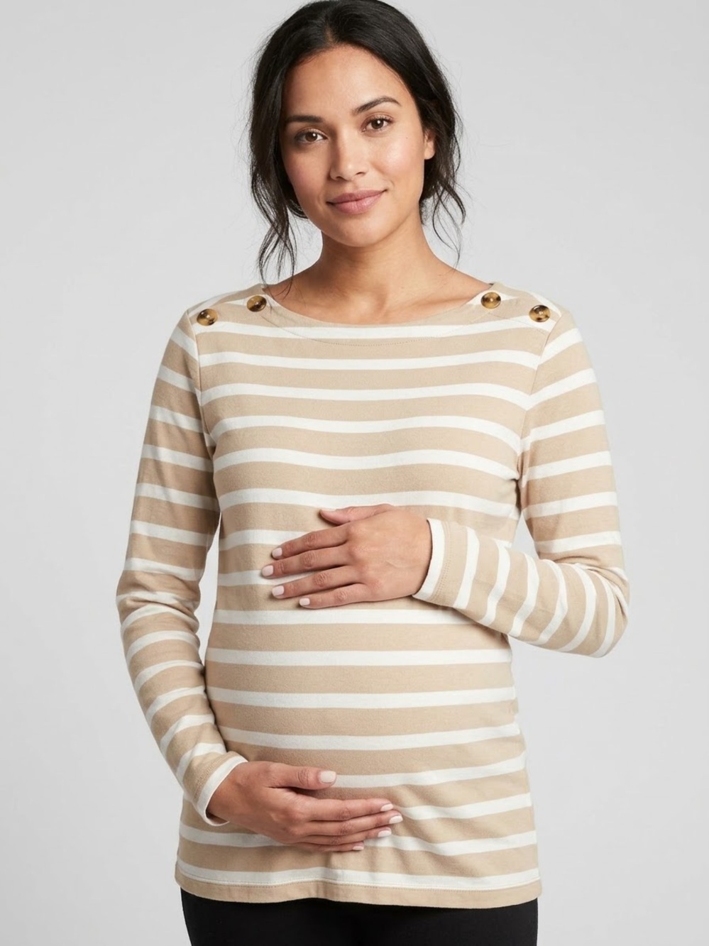 The Nines by HATCH Beige Striped Maternity Boatneck Top, Size S